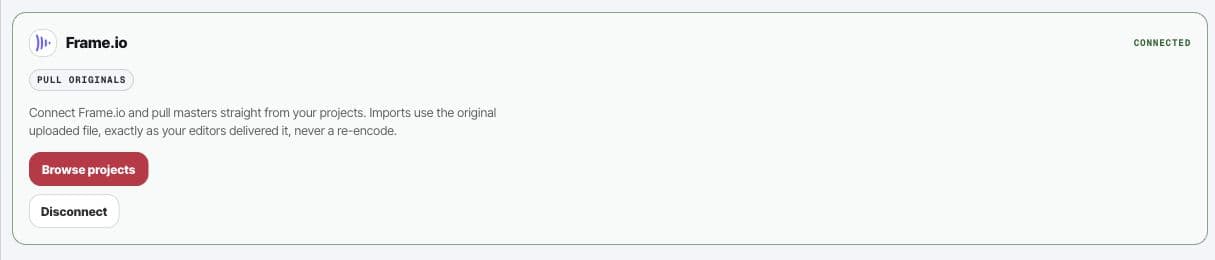 Frame.io connected-library card in Peithos Import showing a healthy connection