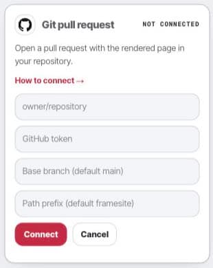 Git publishing setup in Peithos with repository, branch, path, and token fields