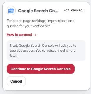 Google Search Console connection card in Peithos settings