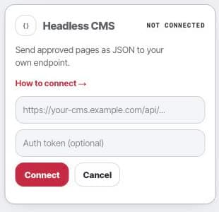 Headless CMS setup in Peithos with endpoint URL and bearer token fields