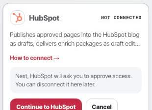 HubSpot authorization card in Peithos showing the connection handoff