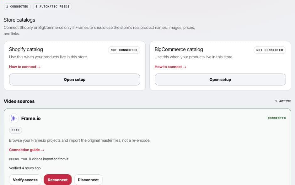 Peithos Connections settings showing store catalogs and a connected Frame.io video source