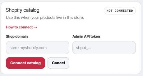 Shopify store catalog setup in Peithos with store domain and Admin API token fields