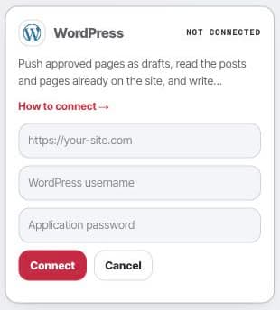 WordPress setup in Peithos with fields for the site URL, username, and application password